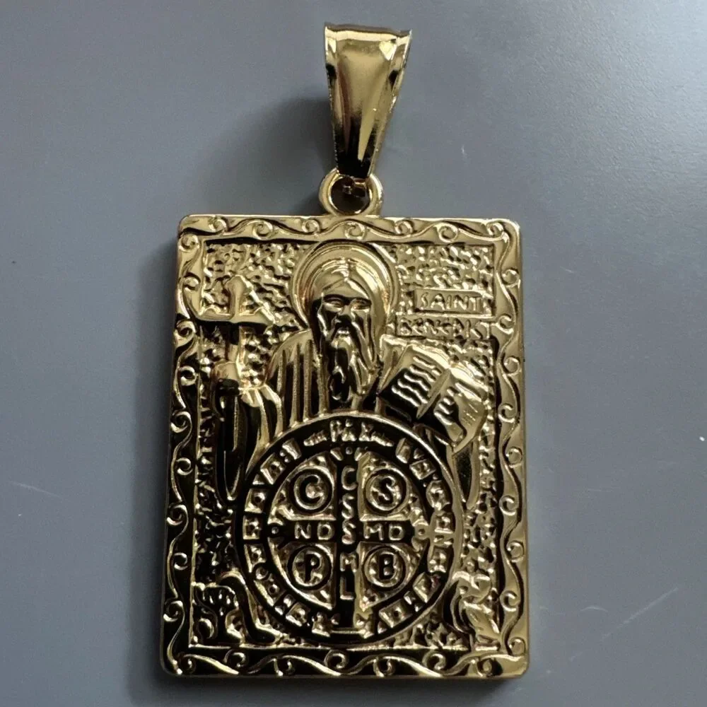 Saint Benedict Gold Tone Pendant Stainless Steel Cross Jesus Orthodox Unisex